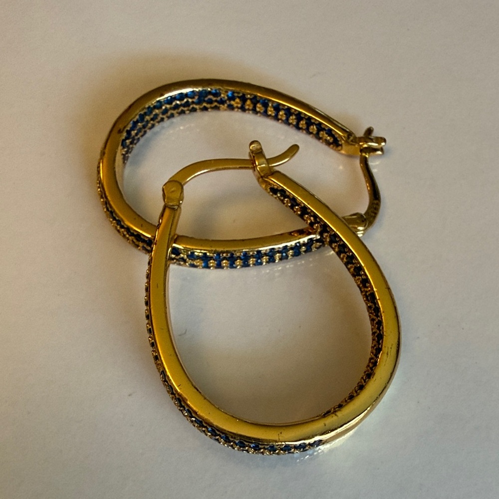 Gold Vermeil (925)with Blue Cubic Zirconia Oval Hoop Earrings